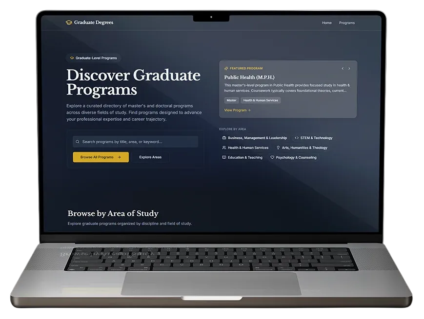 GraduateDegrees platform showing graduate program directory with featured programs
