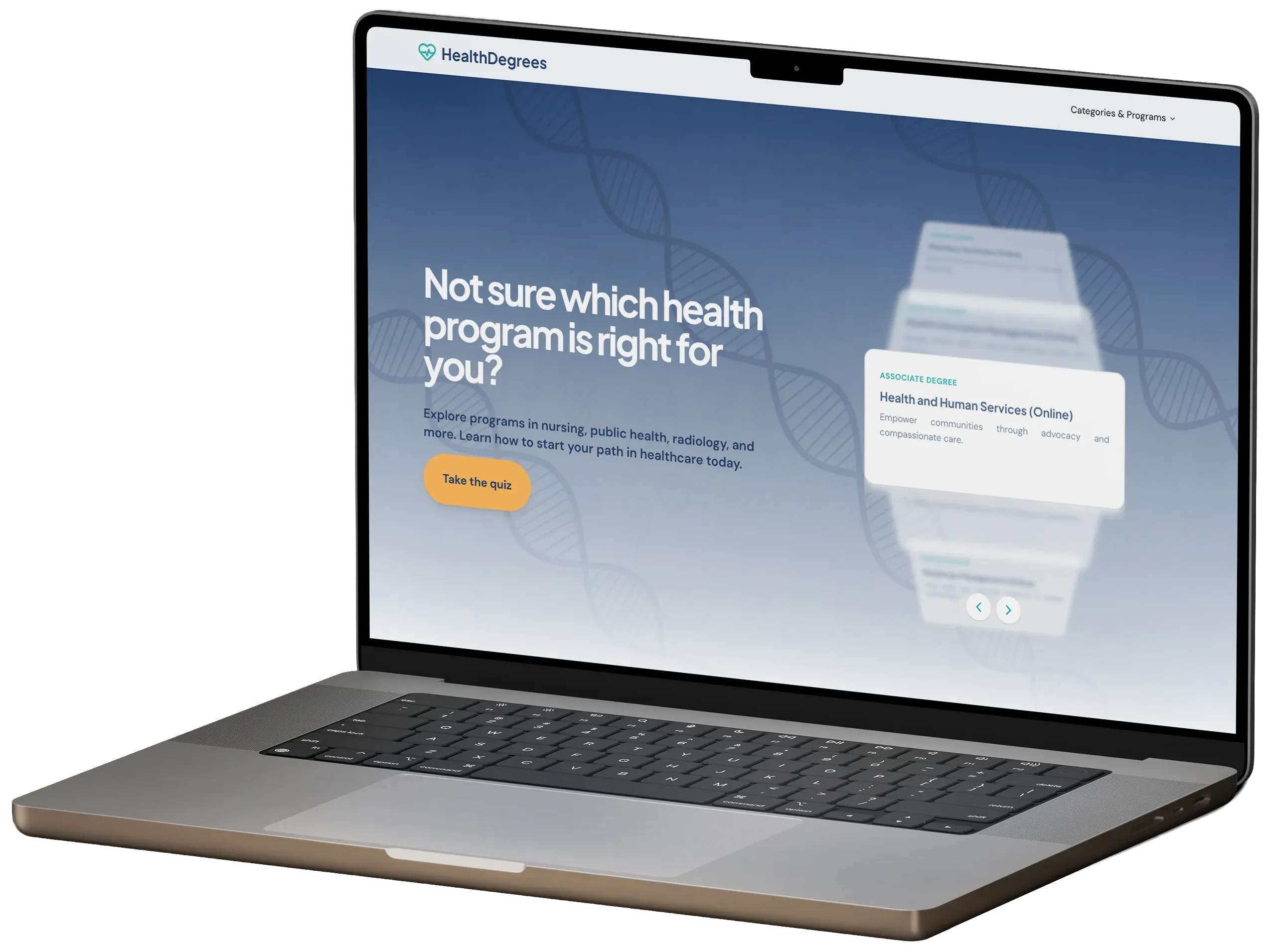 HealthDegrees platform showing healthcare education programs and degree quiz