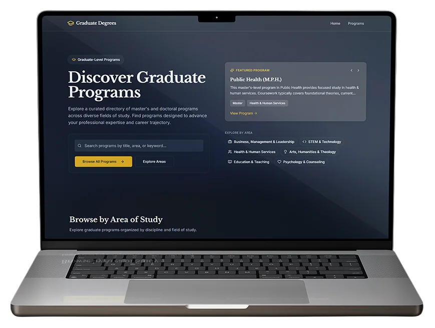 GraduateDegrees platform showing graduate program directory with featured programs