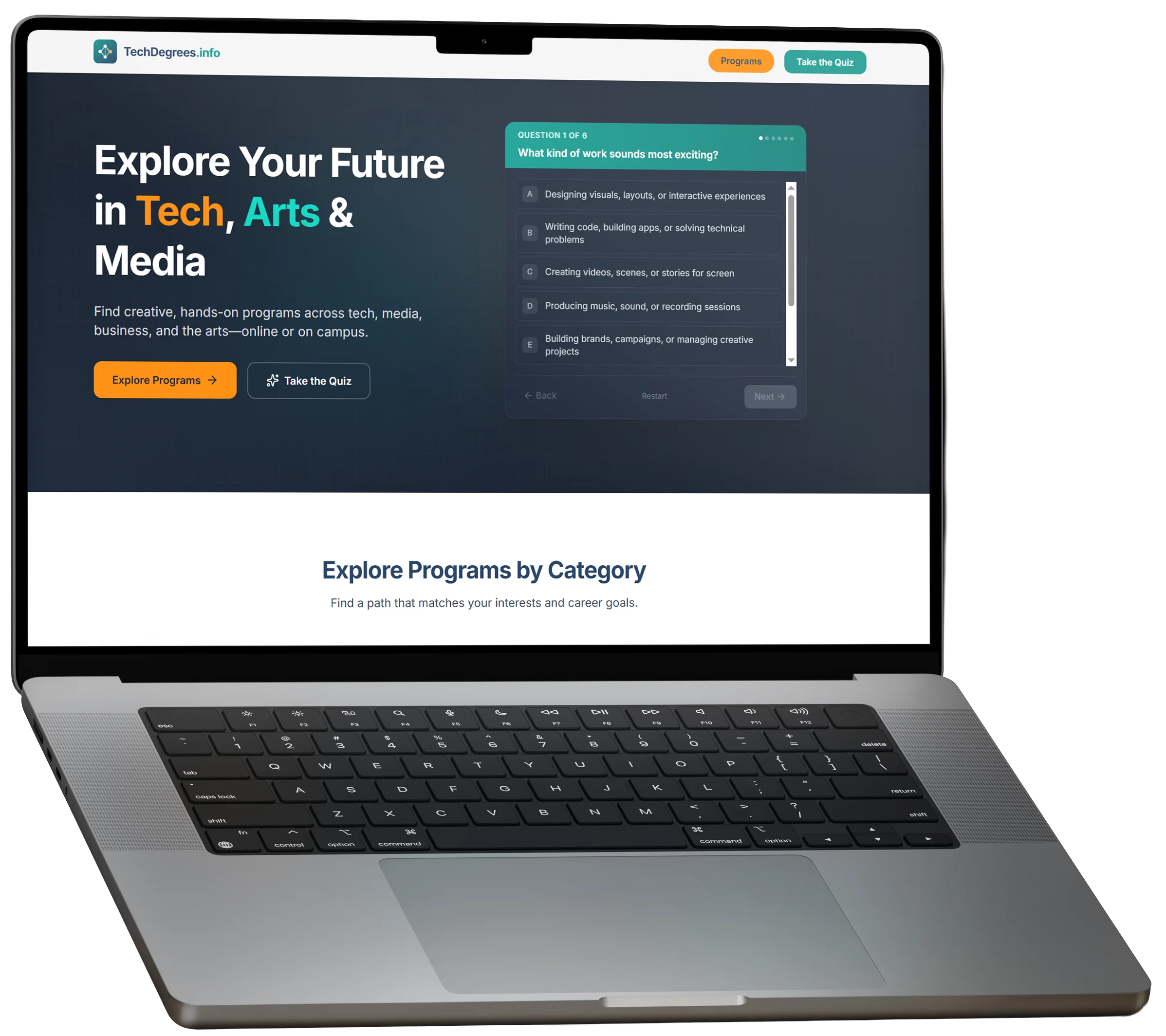 TechDegrees platform showing technology and media degree programs with interactive quiz